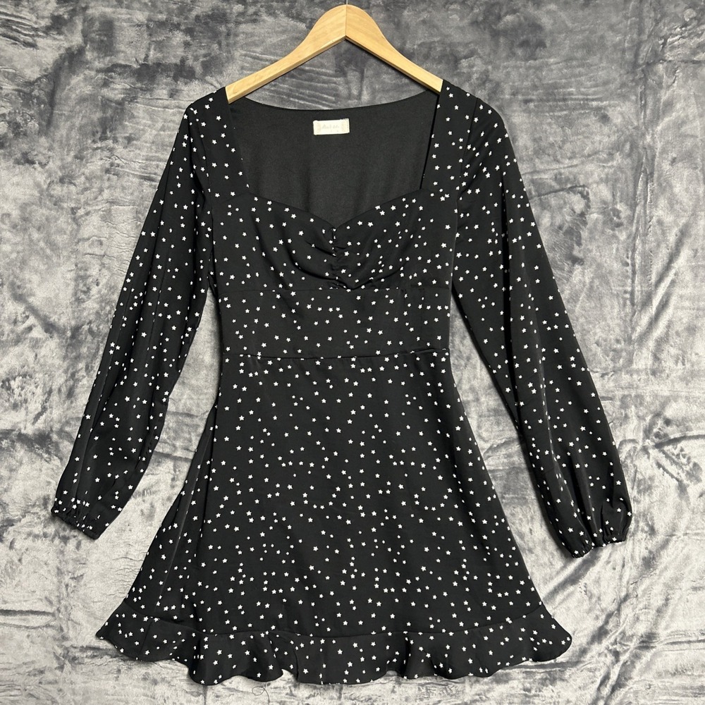 Altar'd State Women's Small Star Print Milkmaid Mini‎ Dress L/S Ruffle Smocked